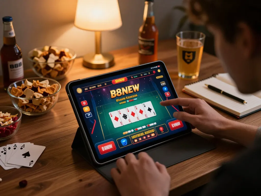Player enjoying blackjack on 888NEW mobile app in cozy home setting