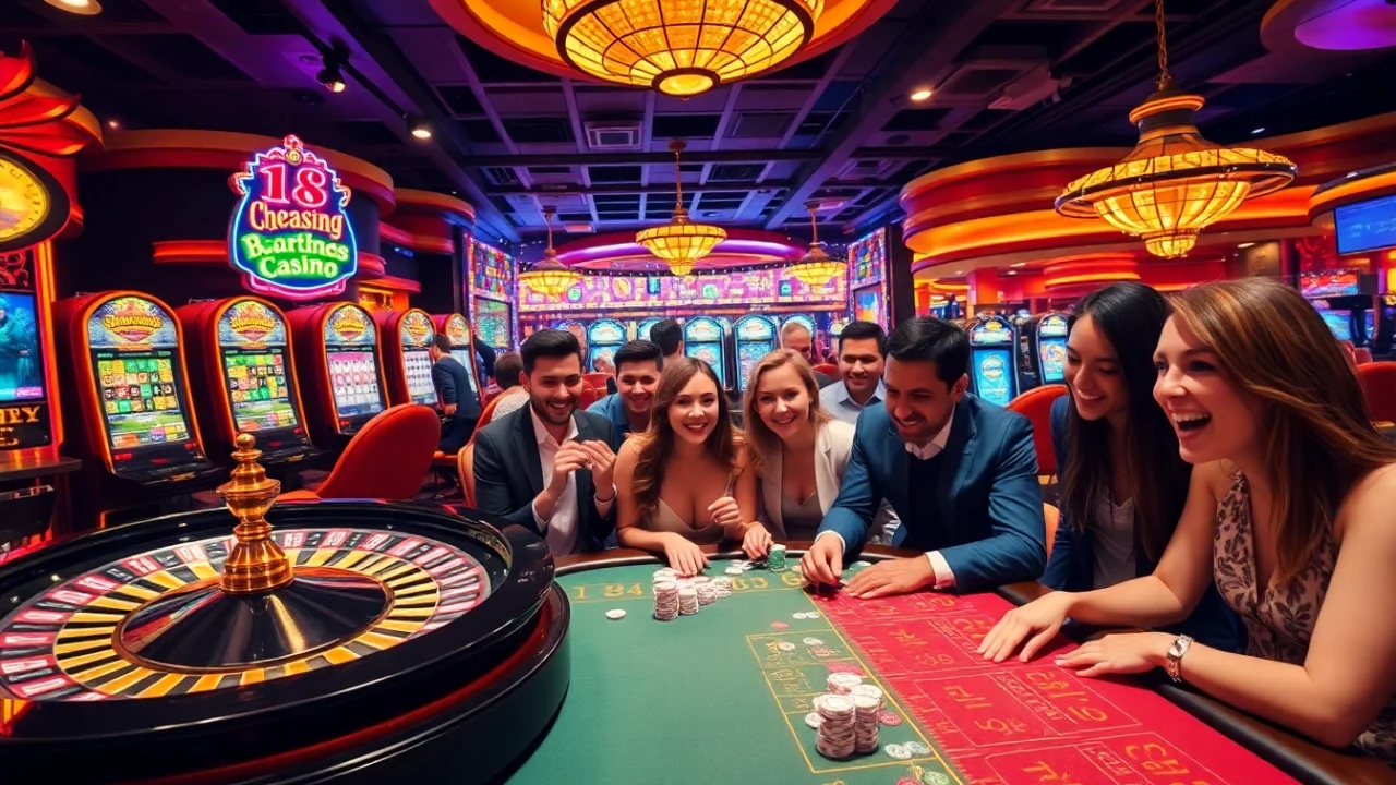 Nohu players celebrating wins at a vibrant casino table filled with chips and roulette wheels.