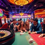 Nohu players celebrating wins at a vibrant casino table filled with chips and roulette wheels.