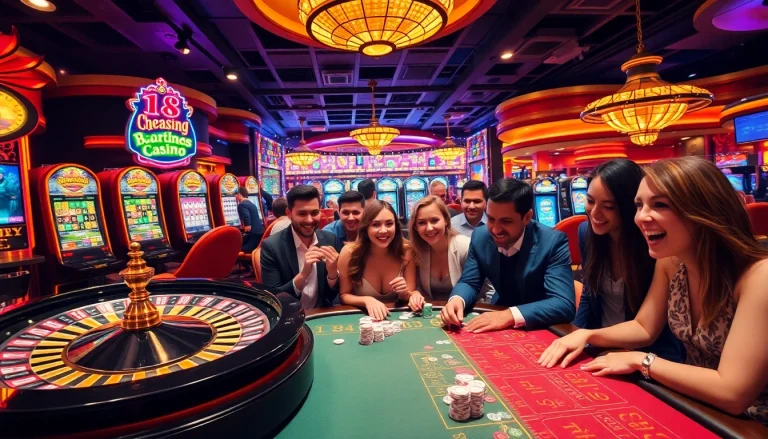 Nohu players celebrating wins at a vibrant casino table filled with chips and roulette wheels.