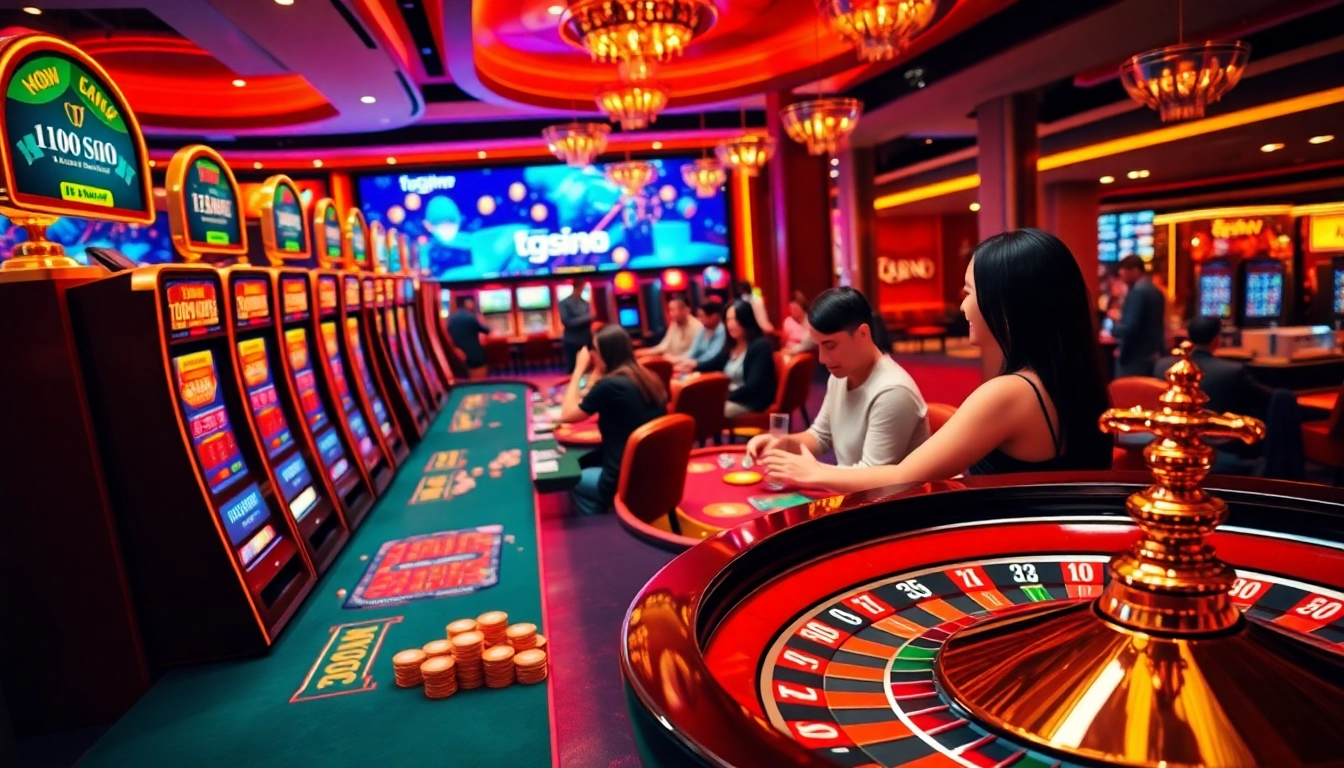 Dynamic casino scene with players enjoying tg88 slot machines and poker tables under inviting lighting.