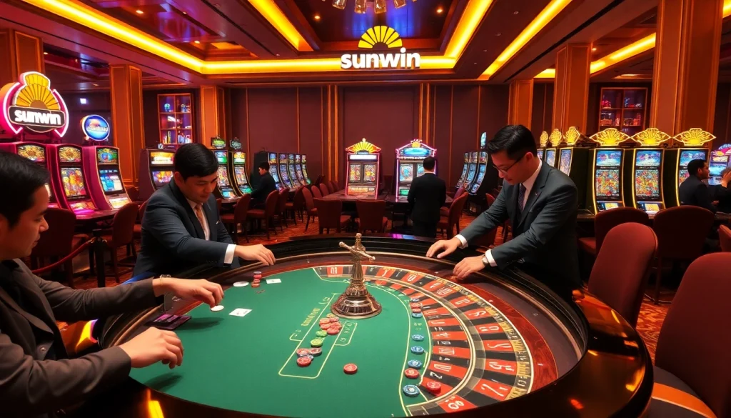 Gamblers enjoying a thrilling roulette game at sunwin, showcasing vibrant chips and an engaging dealer