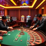 Gamblers enjoying a thrilling roulette game at sunwin, showcasing vibrant chips and an engaging dealer