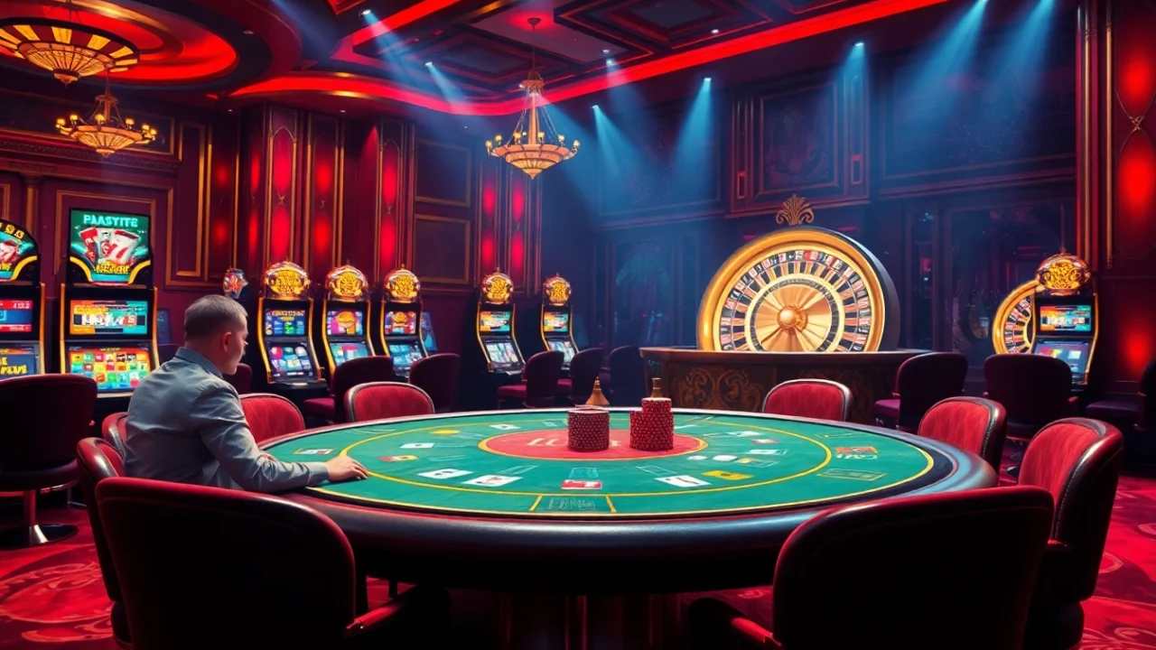 Engaged players at a poker table in a luxurious evo88 casino, showcasing high-stakes excitement.