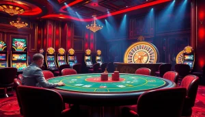 Engaged players at a poker table in a luxurious evo88 casino, showcasing high-stakes excitement.