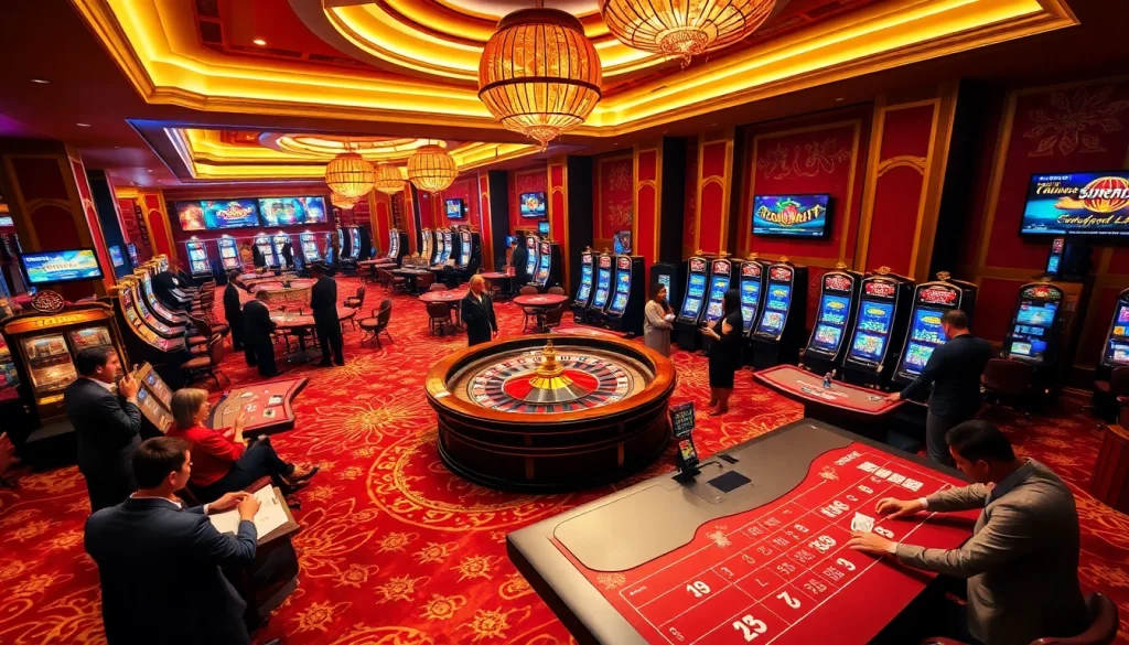 Experience the thrill of SUNWIN gaming with players enjoying roulette and poker in a luxurious casino.