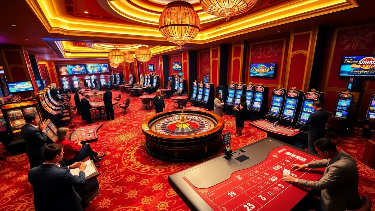 Experience the thrill of SUNWIN gaming with players enjoying roulette and poker in a luxurious casino.