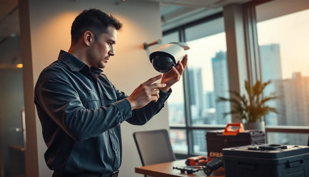 Soporte técnico en cámaras de seguridad con un técnico instalando cámaras de alta tecnología en una oficina moderna.