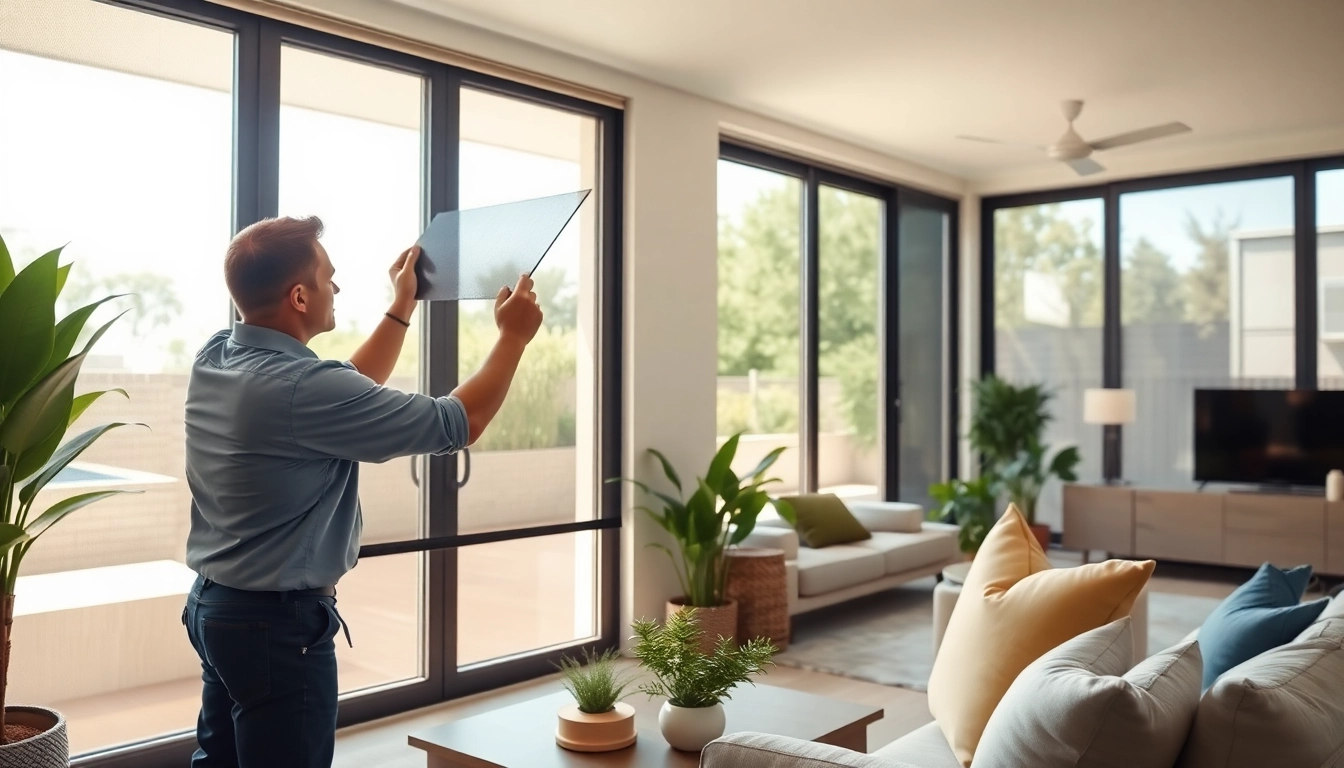 Flyscreenmaxx technician installing an elegant fly screen in a bright living room.