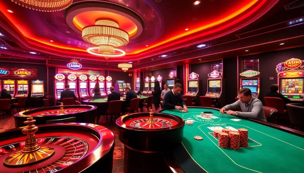 S8 CASINO offering an exciting gaming experience with players at roulette and vibrant slot machines.