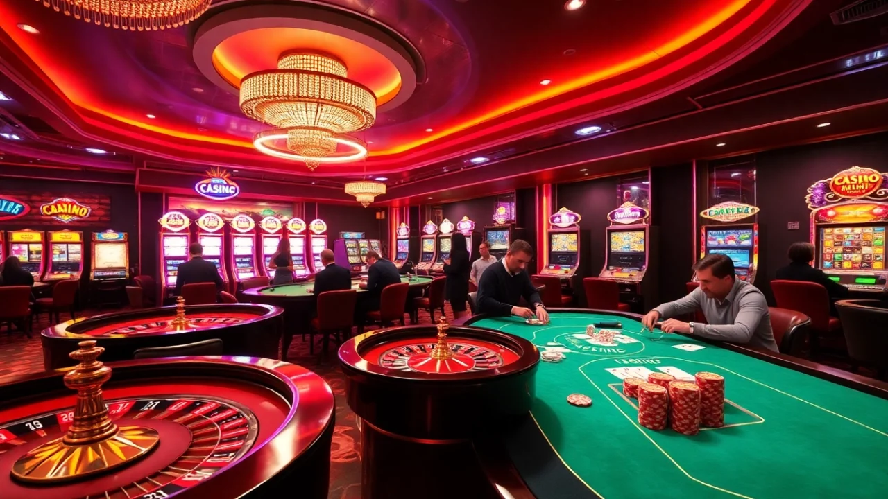 S8 CASINO offering an exciting gaming experience with players at roulette and vibrant slot machines.