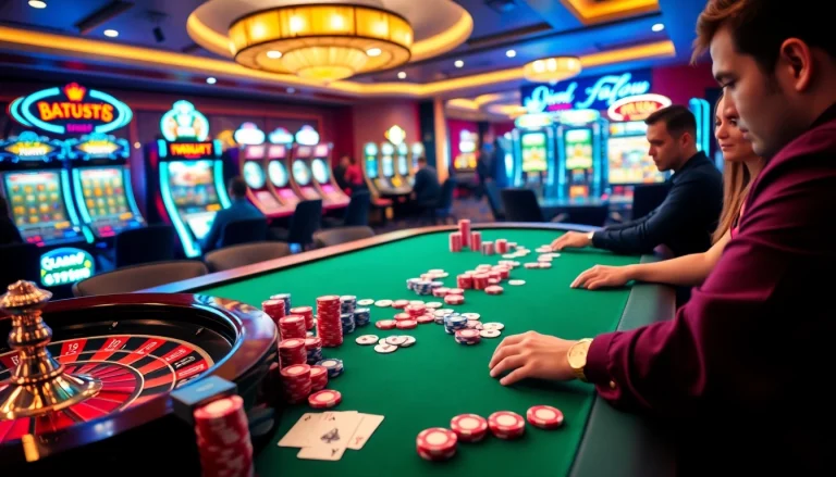 Exciting poker game scene at 789club with vibrant chips, cards, and a roulette wheel.