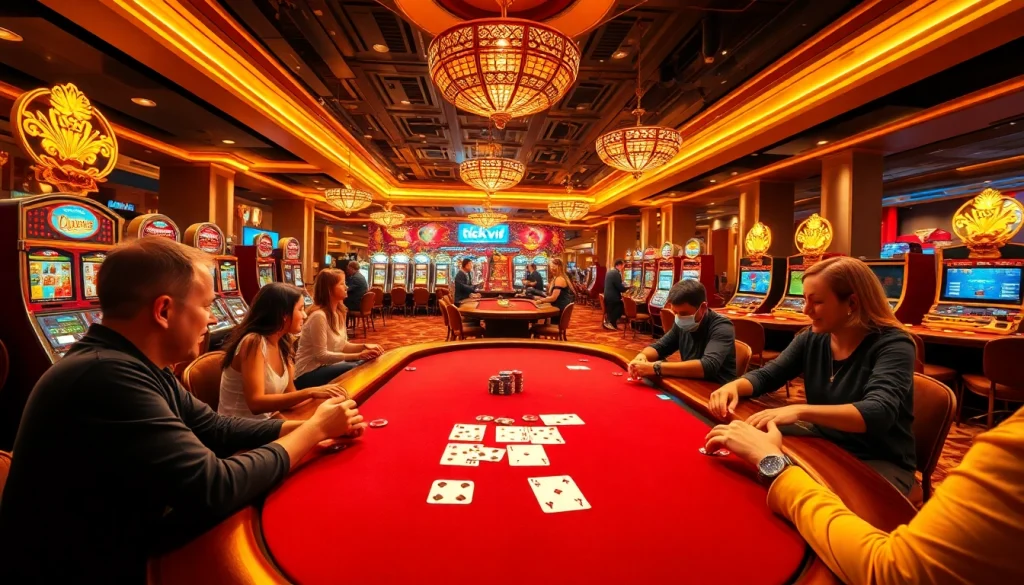 Winning players at rik vip casino tables with colorful slot machines and thrilling poker action.