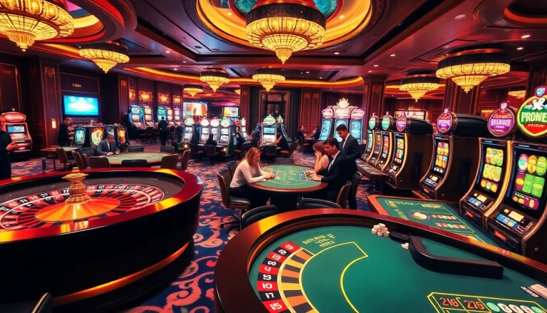 Players enjoying high-stakes games at 789club casino, featuring roulette wheels and slot machines.