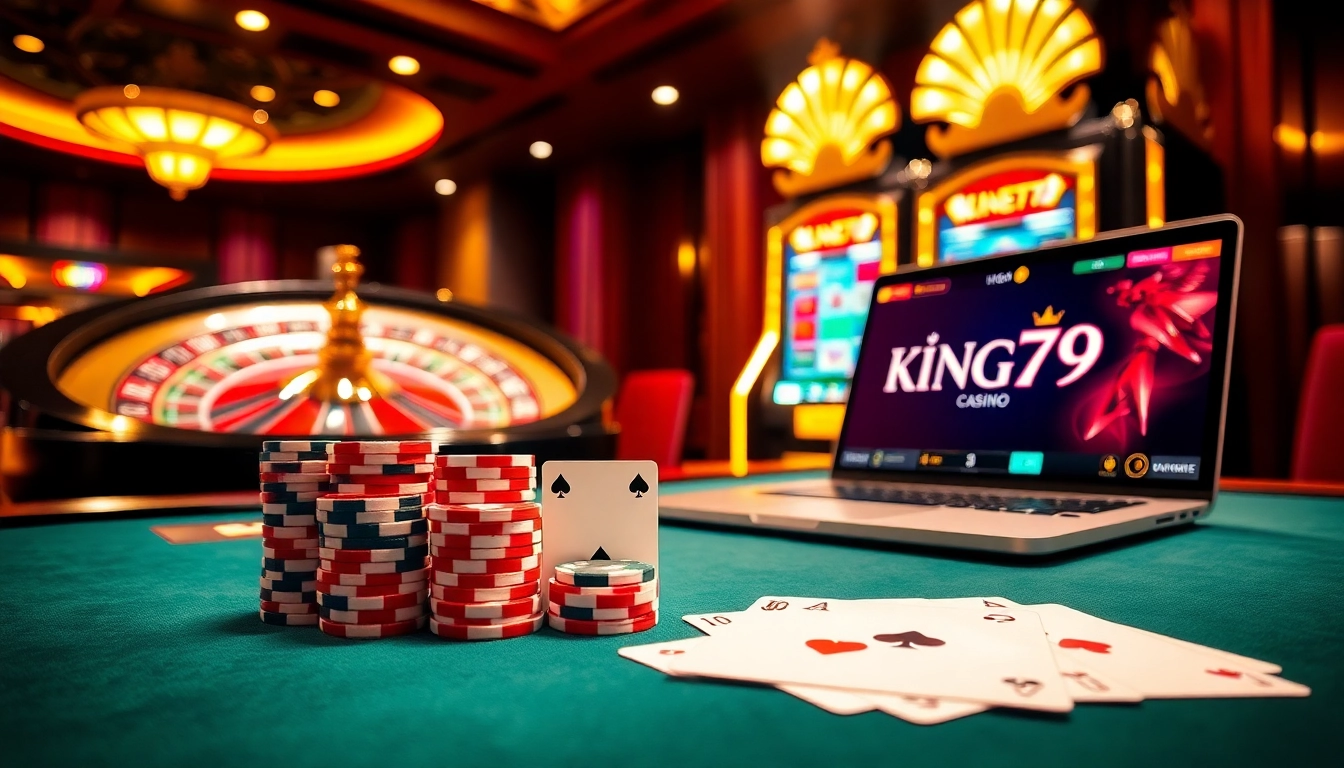 Experience thrilling gaming at King79 with vibrant casino tables and elegant playing cards.