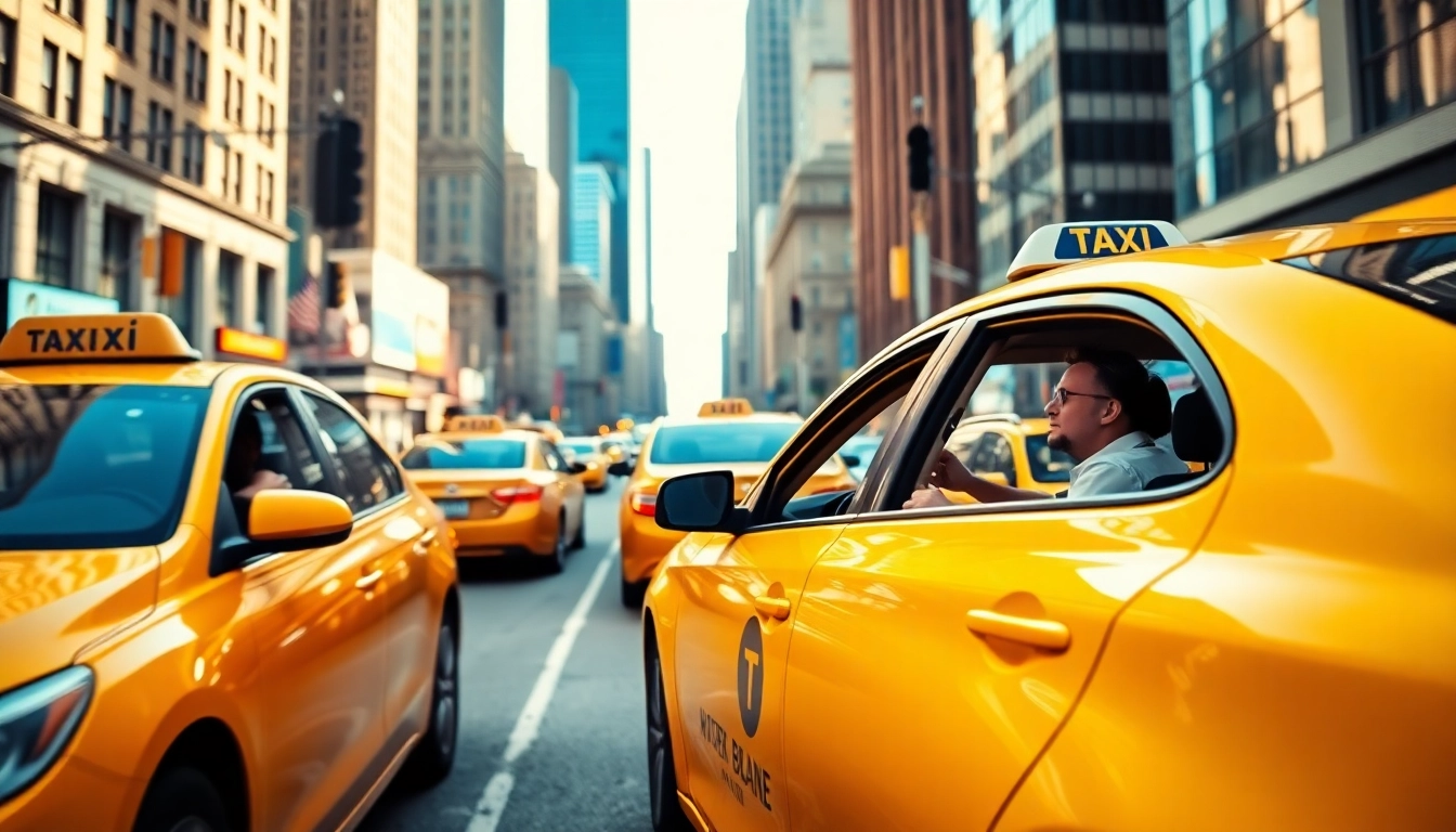 Cabs driving through a vibrant city landscape, showcasing urban transportation.