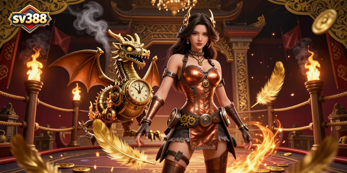 Experience the thrill of sv388 with a captivating 3D illustration of a copper and bronze steampunk fighter in a cockfighting arena.