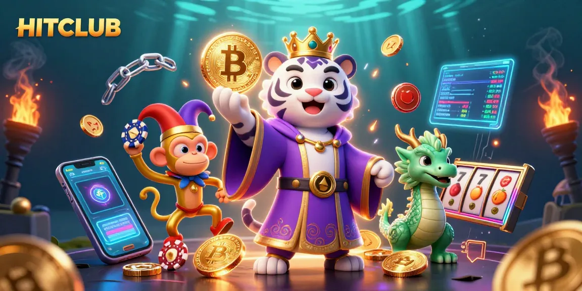 HITCLUB showcases vibrant 3D illustration with casino elements, featuring a tiger, monkey, and dragon