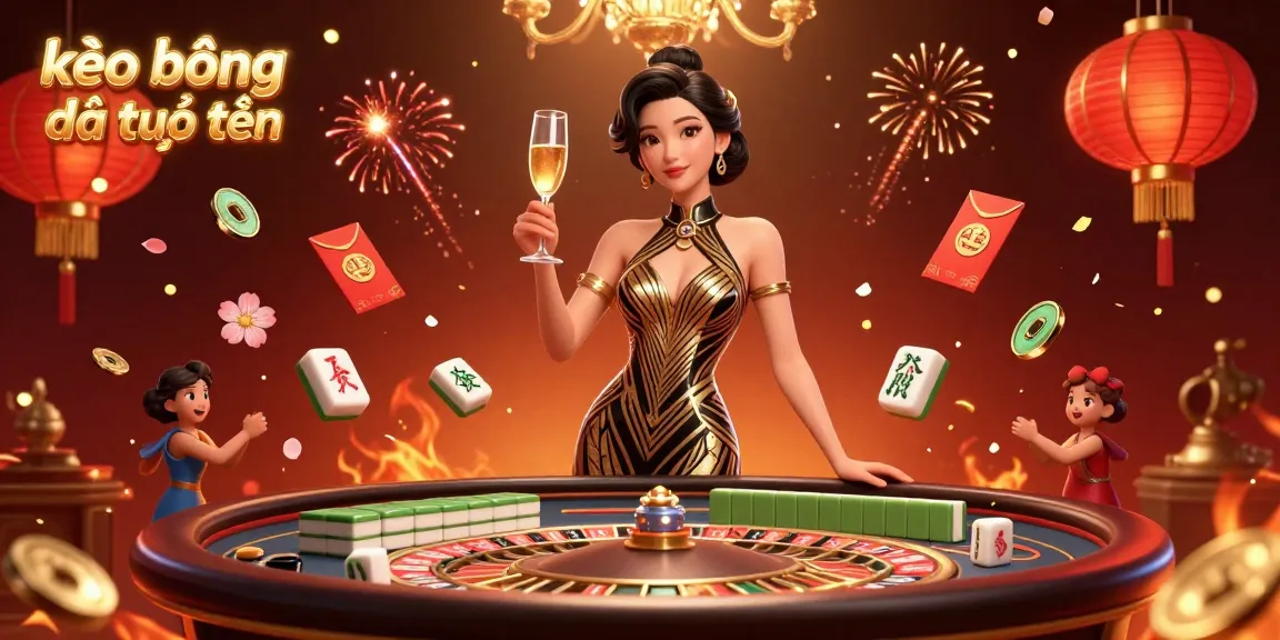 Engage in kèo bóng đá trực tuyến with this vibrant illustration showcasing a glamorous woman celebrating at a roulette table.