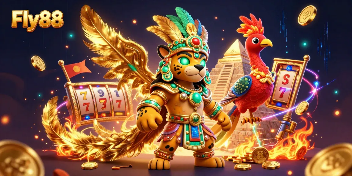 Engage with Fly88's immersive gaming experience featuring animated jaguar priest and vibrant slot elements.