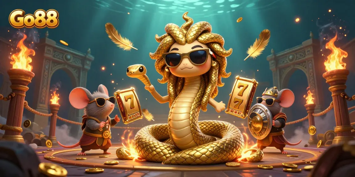 Go88 players spinning golden slot reels for a chance at jackpots and prizes in a mythical themed casino.