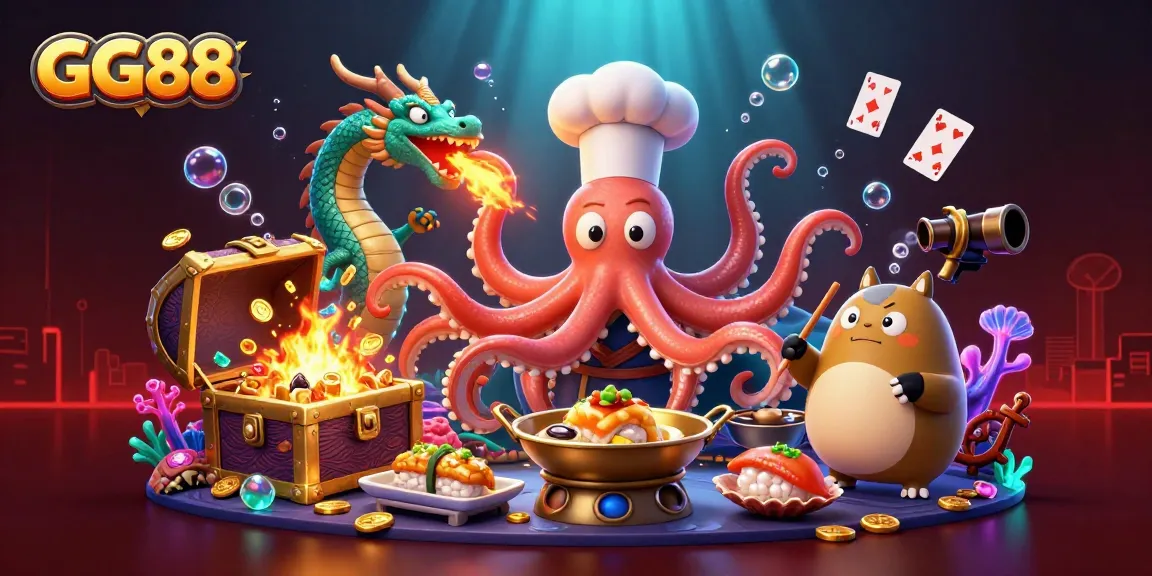 Experience GG88's vibrant casino games with a sushi octopus chef, dragon, and tanuki in a rich underwater scene.