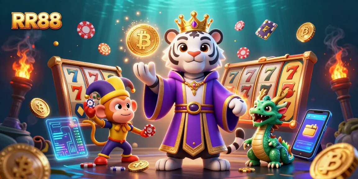 Engage with the vibrant RR88 casino experience featuring a royal tiger, monkey juggling chips, and dynamic slot games.