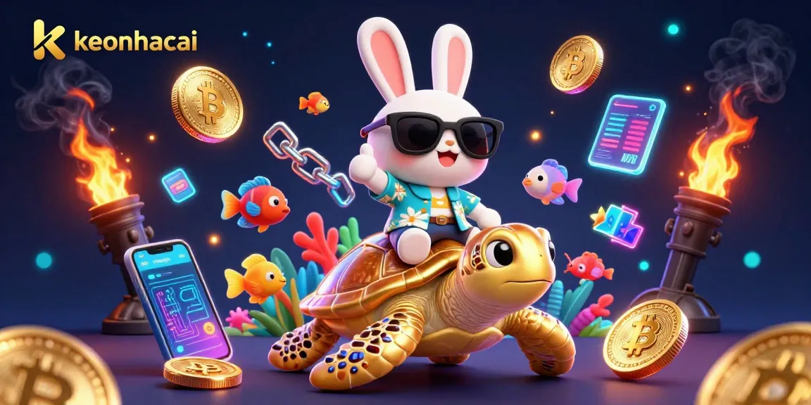 Bet on keonhacai with vibrant, lucky characters and crypto elements in an exciting casino scene.
