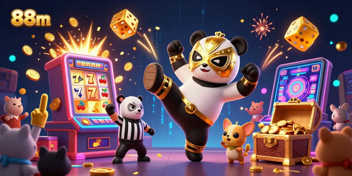 Experience 88m's electrifying casino scene with a dynamic 3D wrestler panda launching a flying kick amidst a flurry of jackpot symbols.