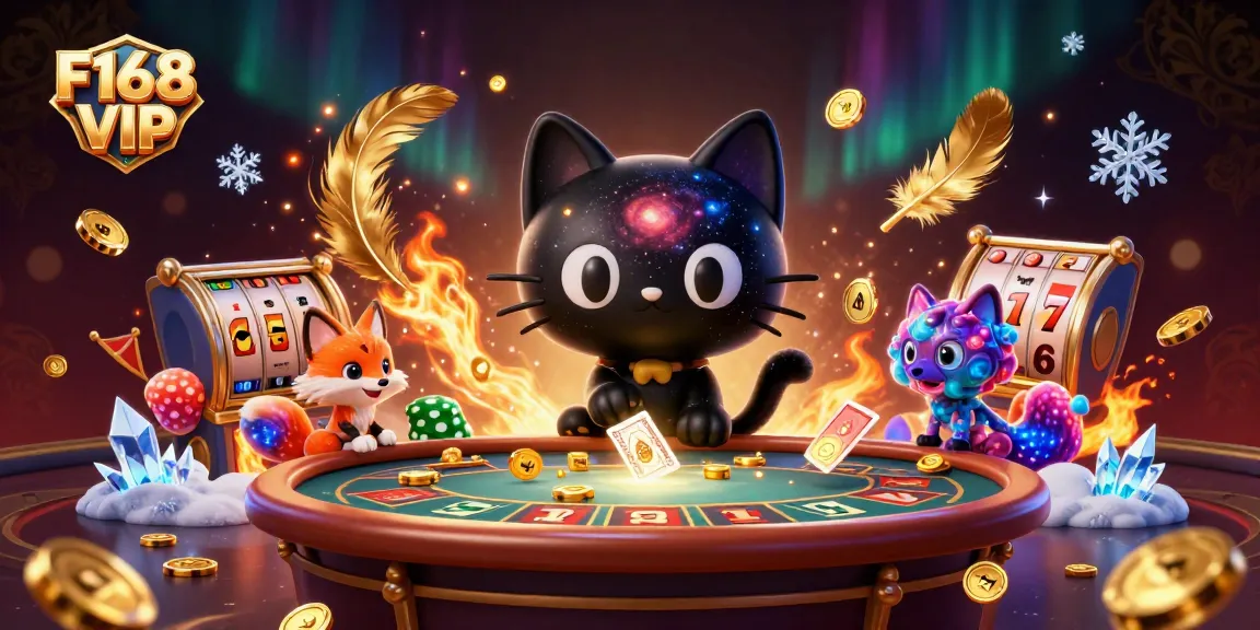 Engage with F168 VIP's cosmic casino scene featuring a black hole cat and nebula fox.