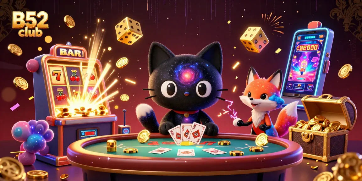 Engage with the exciting world of B52 club as a black hole cat and a nebula fox animate a thrilling 3D casino scene.