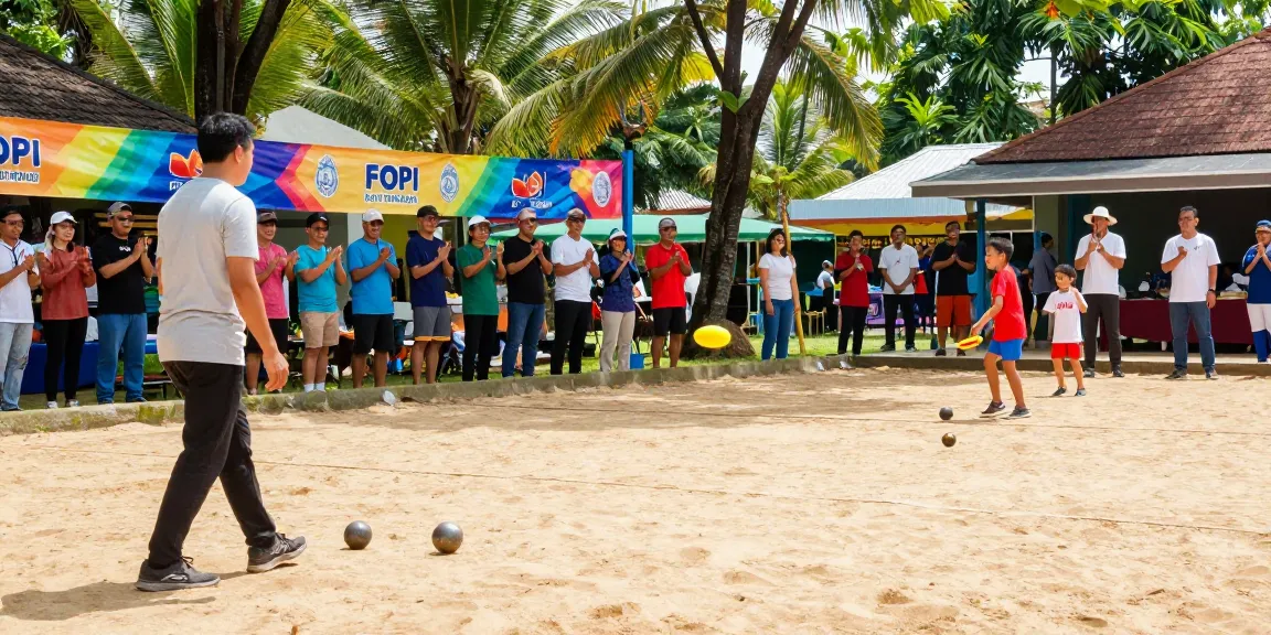 Community members enjoying petanque at fopikotatomohon.org event, showcasing sport and unity.