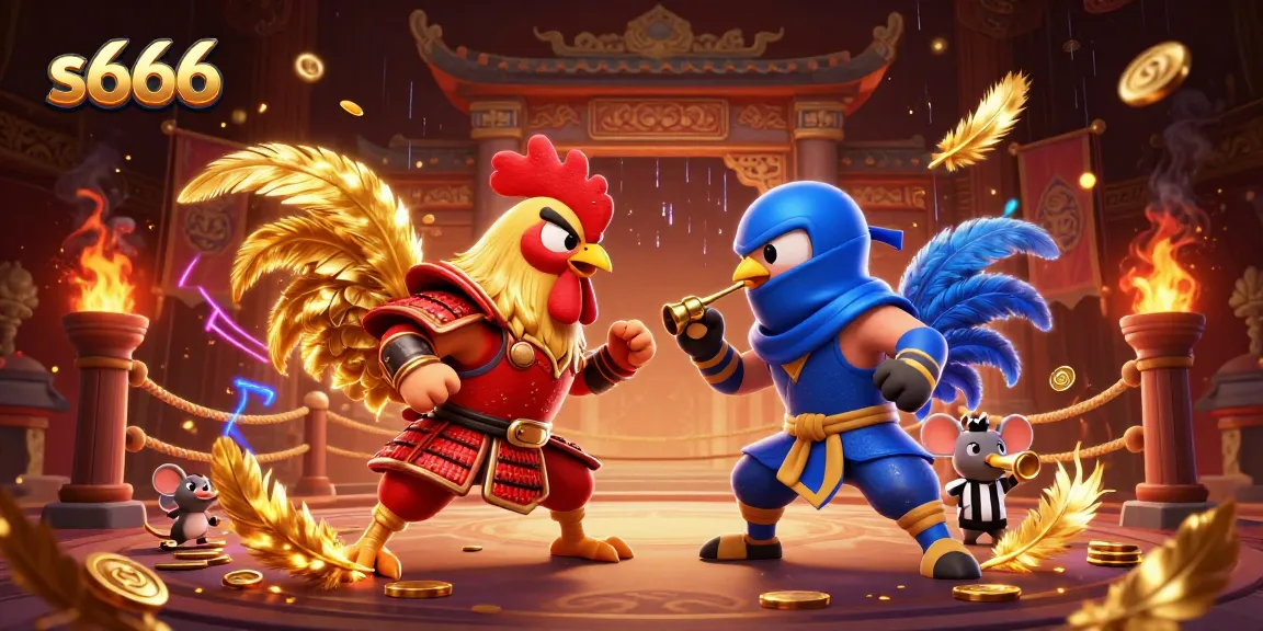 Experience the excitement of s666 as cartoon fighting roosters face off in a colorful arena.
