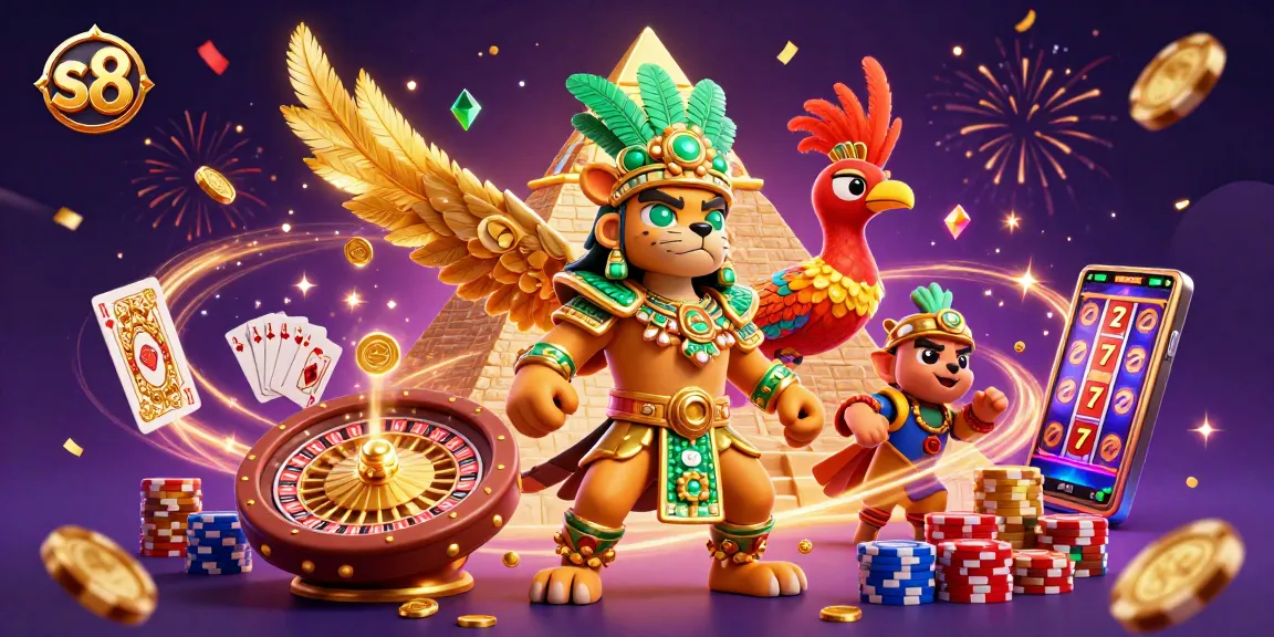 Experience thrilling gameplay with S8 as animated icons of a jaguar priest and quetzal bird celebrate wins in a vibrant casino.