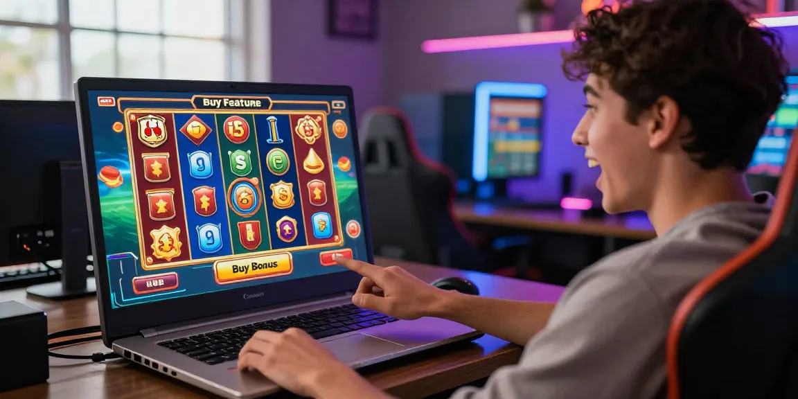 Exciting online gaming at https://crownnorthill.co.uk with vibrant slot graphics and a player eager to Buy Bonus features.