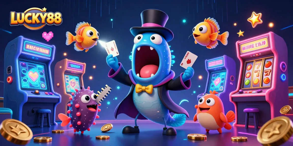 Experience exciting slots and magical card tricks with LUCKY88 in this vibrant 3D illustration.
