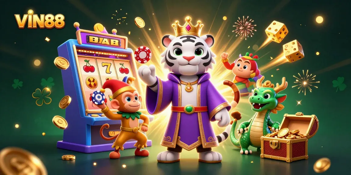 VIN88 illustrates a lively casino scene with a lucky tiger, monkey, and dynamic slot machine.