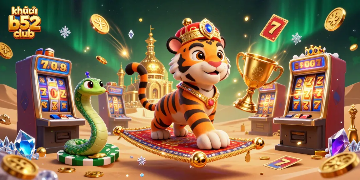 Experience the exclusive khuyến mãi b52 club as a 3D cartoon sultan on a flying carpet spins slot machines and coins.