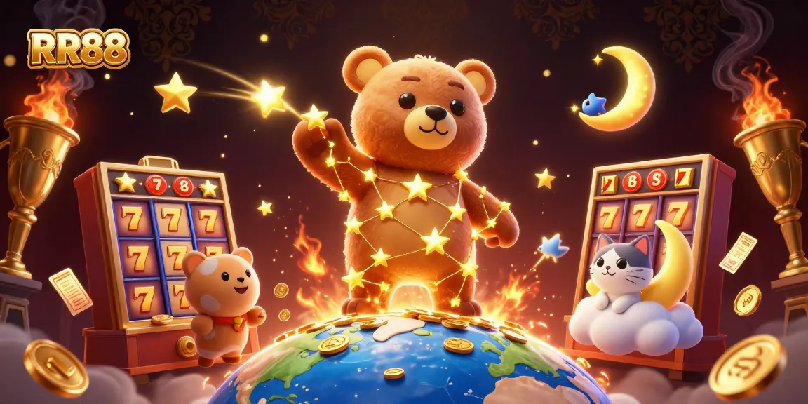 Engage with RR88: A vibrant illustration of a constellation bear and slot games showcasing thrilling casino action.